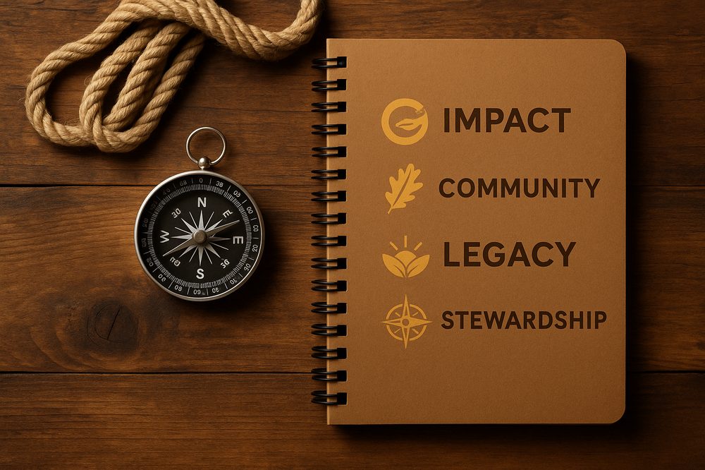 Compass and journal illustrating CISLF's Impact, Community, Legacy, and Stewardship values