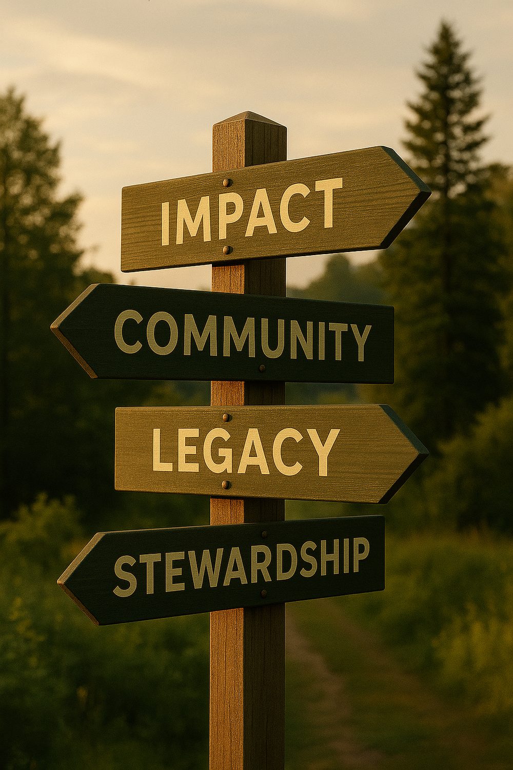 Signpost illustrating CISLF's four pillars: Impact, Community, Legacy, and Stewardship