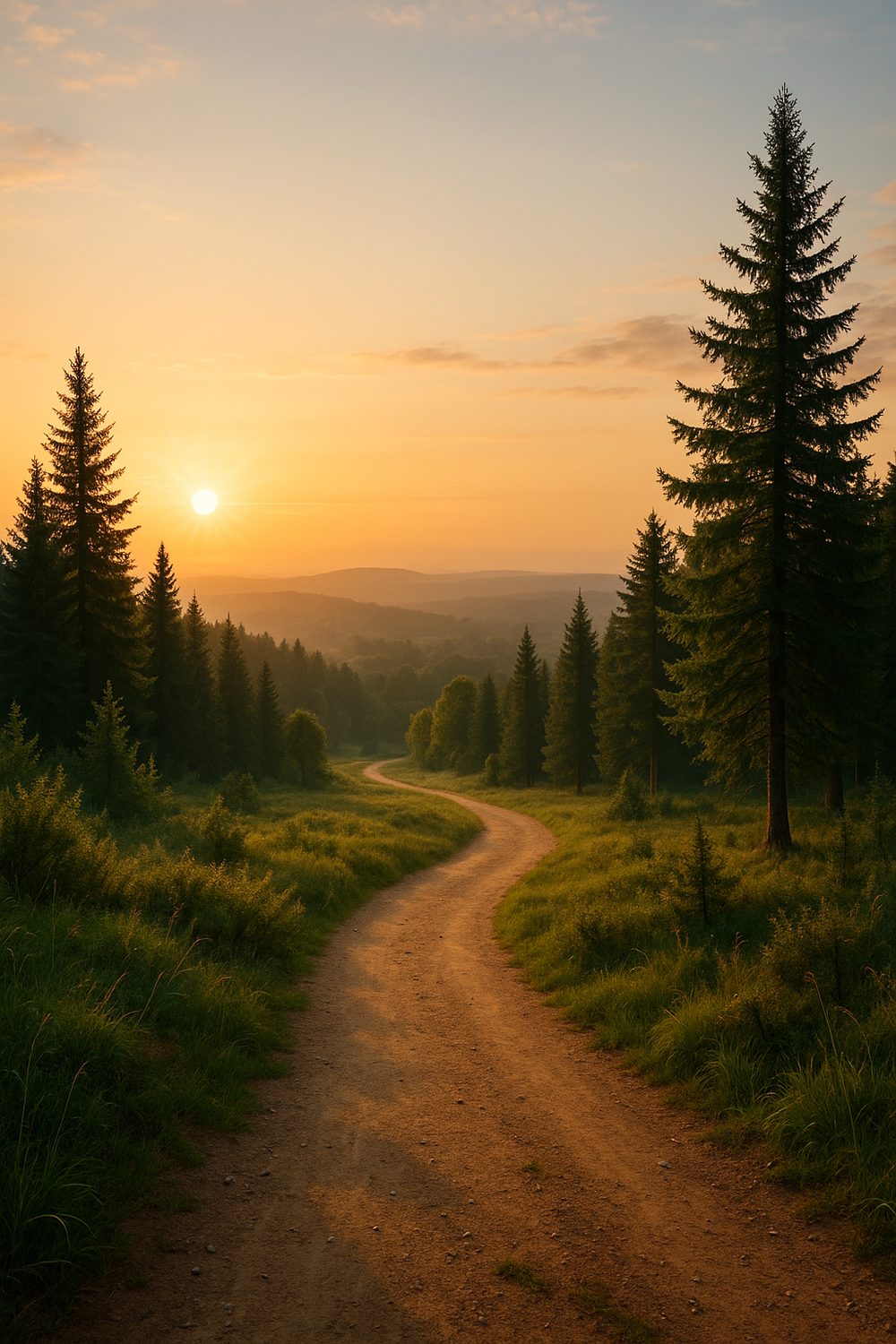 A path through the woods at sunrise